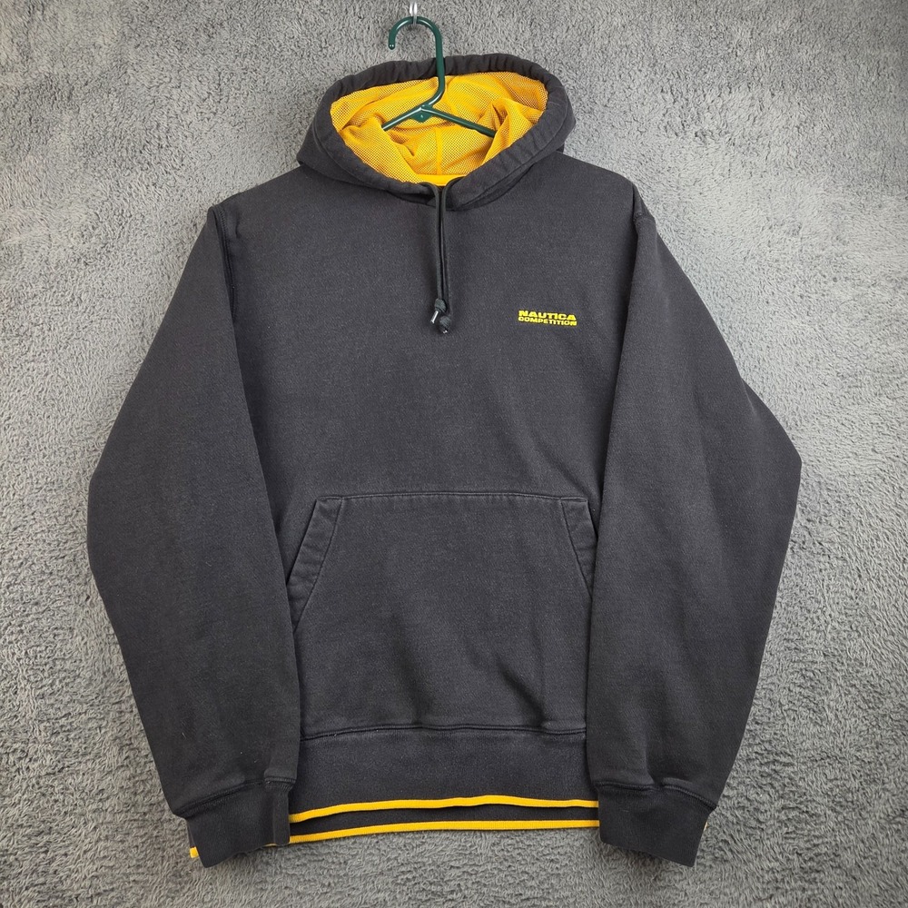 Nautica Competition Hoodie Men's Medium Black Yellow Hooded Sweatshirt Y2K